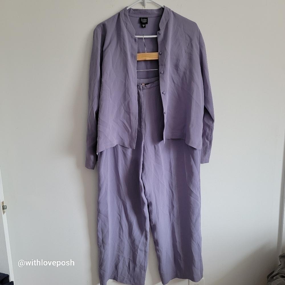 Eileen Fisher 100% Silk two piece lilac purple top and pants size Petite Large